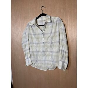 Faherty Willa Top Womens Small Organic Cotton Gauze Plaid Split Neck Blouse Sage